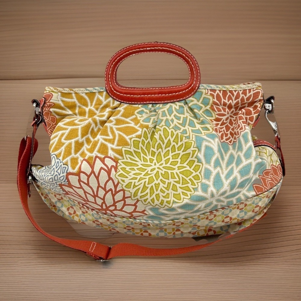 Womens Retro Floral Canvas Satchel Multicolor‎ Red Leather Trim Fossil Key-Per